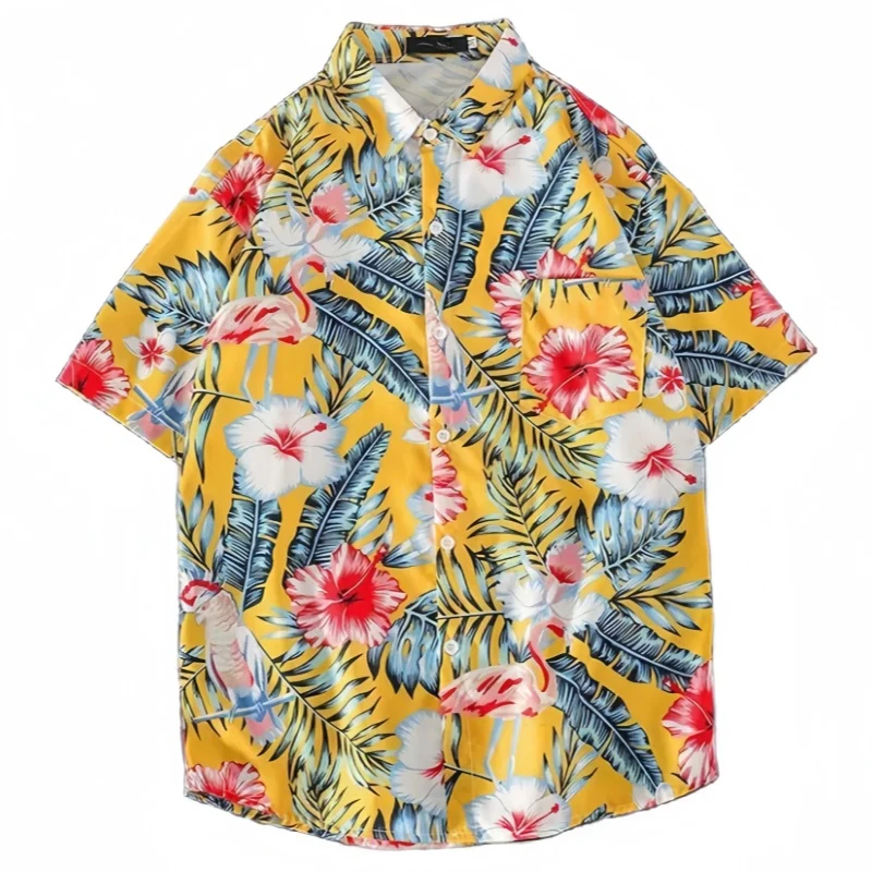 

Men's Summer Lapel Short Sleeve Printed Shirt Fashion Vintage Hawaiian Beach Casual Loose Handsome Half Sleeve Floral Shirt