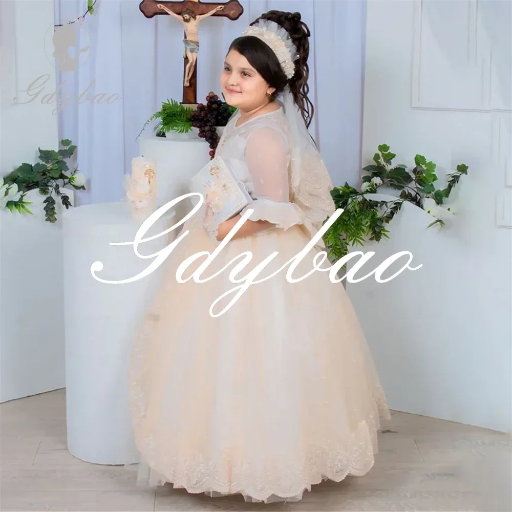 Luxury Princess Applique Short Sleeve A Line Long Ball Flower Girl Dress Floor Length Formal First Communion Gown Customized