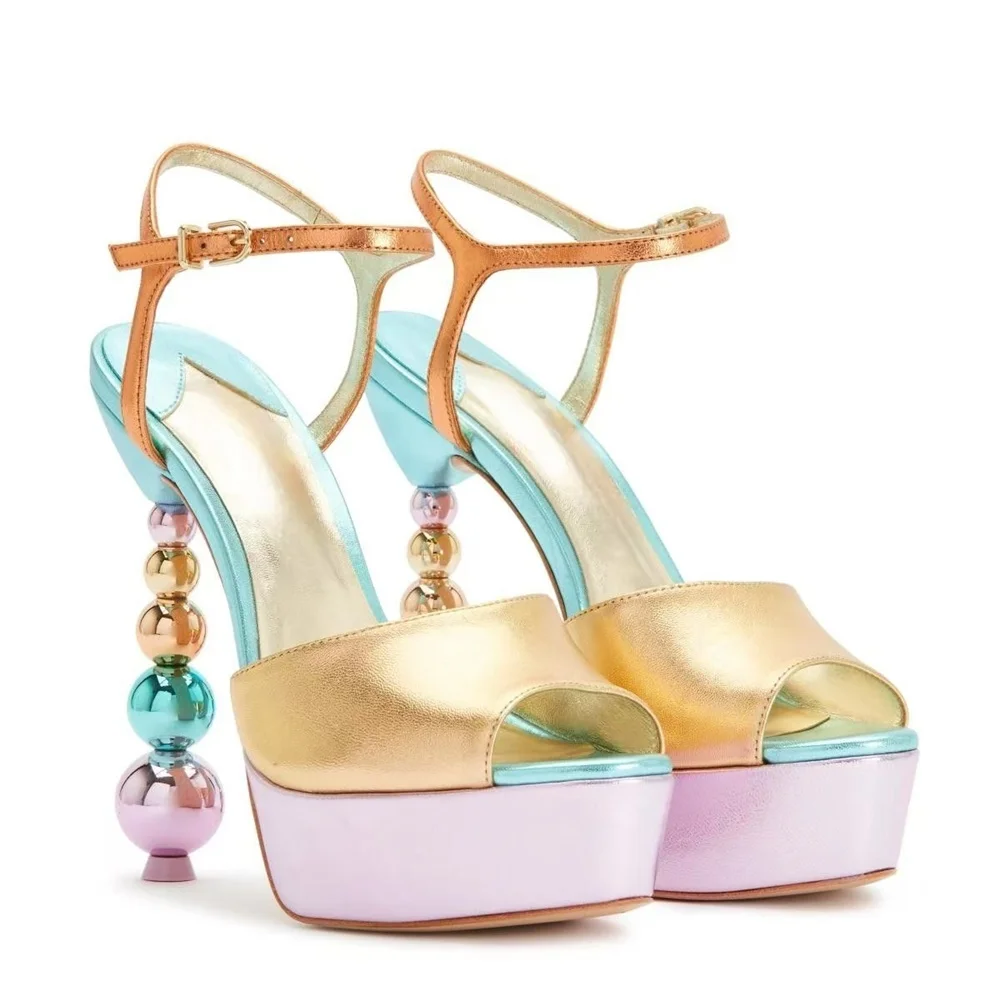 Sweet Pastel Leather Platform Sandals Color Block Beaded Stiletto Heel Ankle Strap Playful Elegant Design Summer Vibrant Style