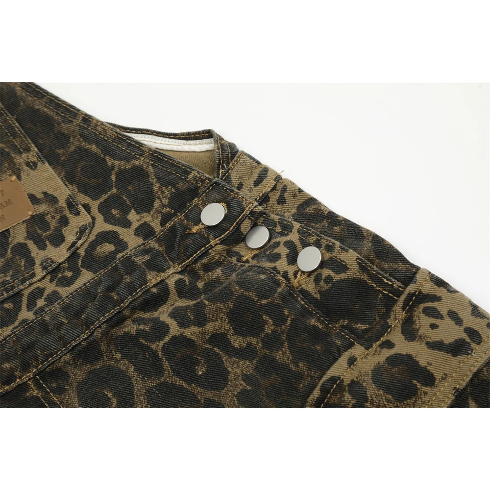 American Vintage Street Leopard Print Overalls Men\'s Design Loose Straight Denim Jumpsuit Trousers