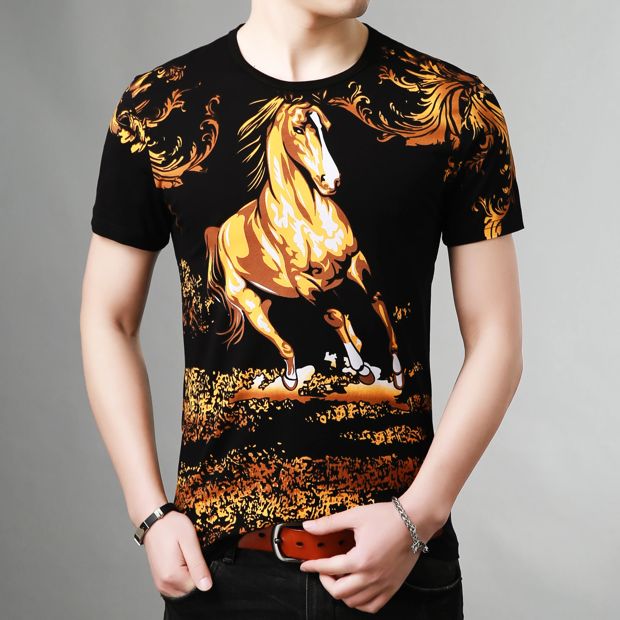 Yellow Horse 3D Print Short Sleeve O-Neck T Shirt For Men Casual Summer Quality Cotton Soft Comfortable Premium Camisetas Hombre