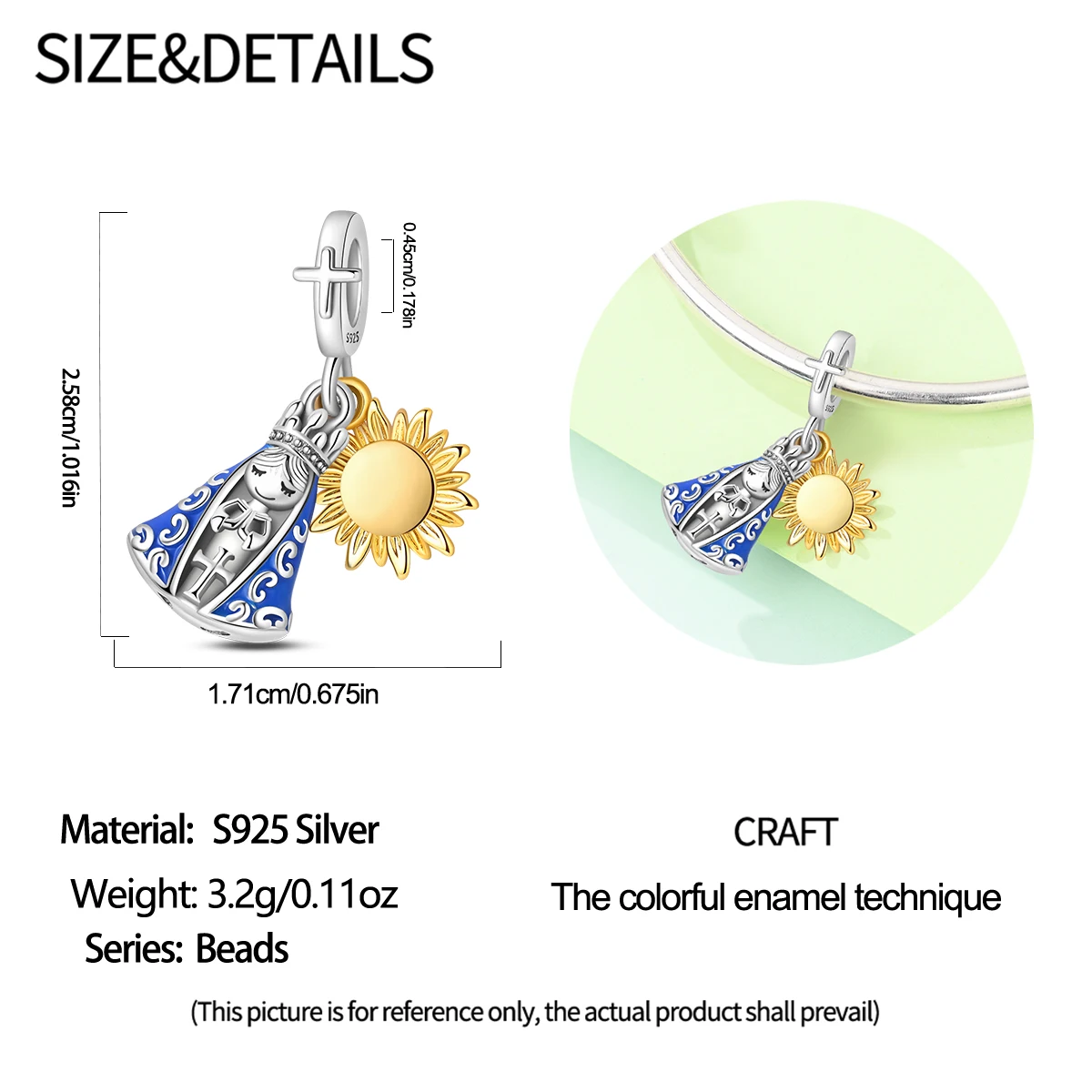 925 Sterling Silver Two Tone Virgin Mary Dangle Charm Bead Praying Holy Mary Sunflower Pendant Fit Charm Bracelet Jewelry Gift