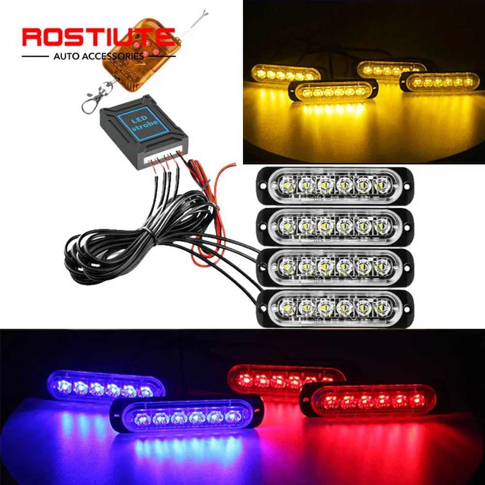 12V 24 LED Car Grille Led Strobe Lights Wireless Control Warning Flashing Lamp Signal Beacon Led Stroboscope for Off-Road Trucks