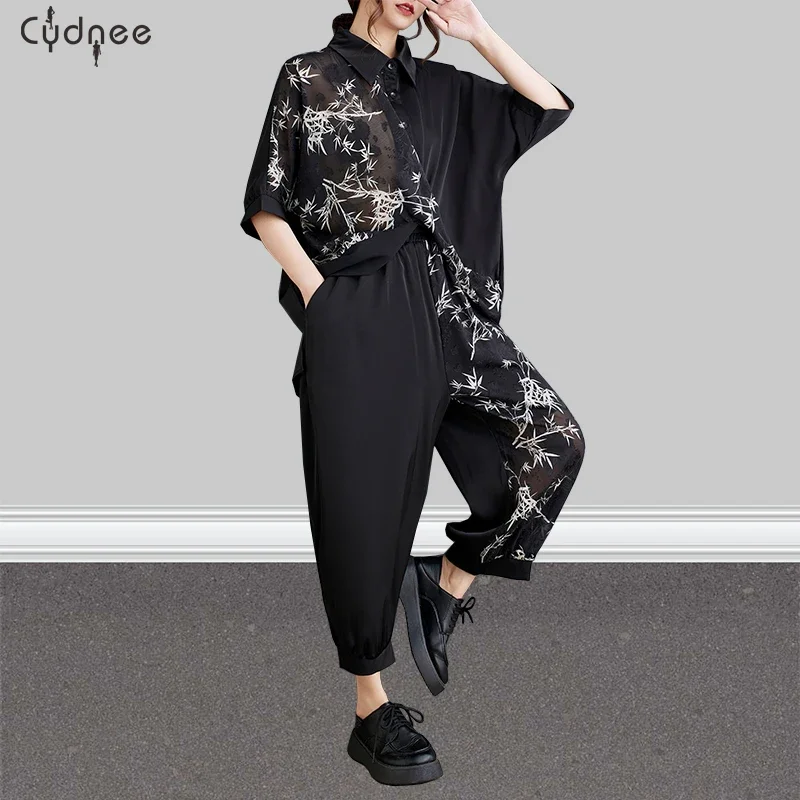 Two Piece Sets Womens Outifits  Appliques Turndown Collar Short Sleeve Shirt Casual Elastic Waist Pants Summer Two Piece Set