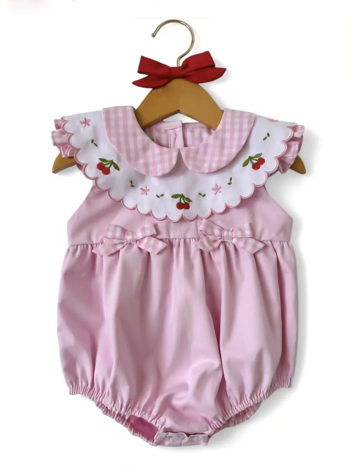 0-6Y Girl Summer Cherry Strawberry Embroidery Pink Plaid Rompers for Birthday Photography B561