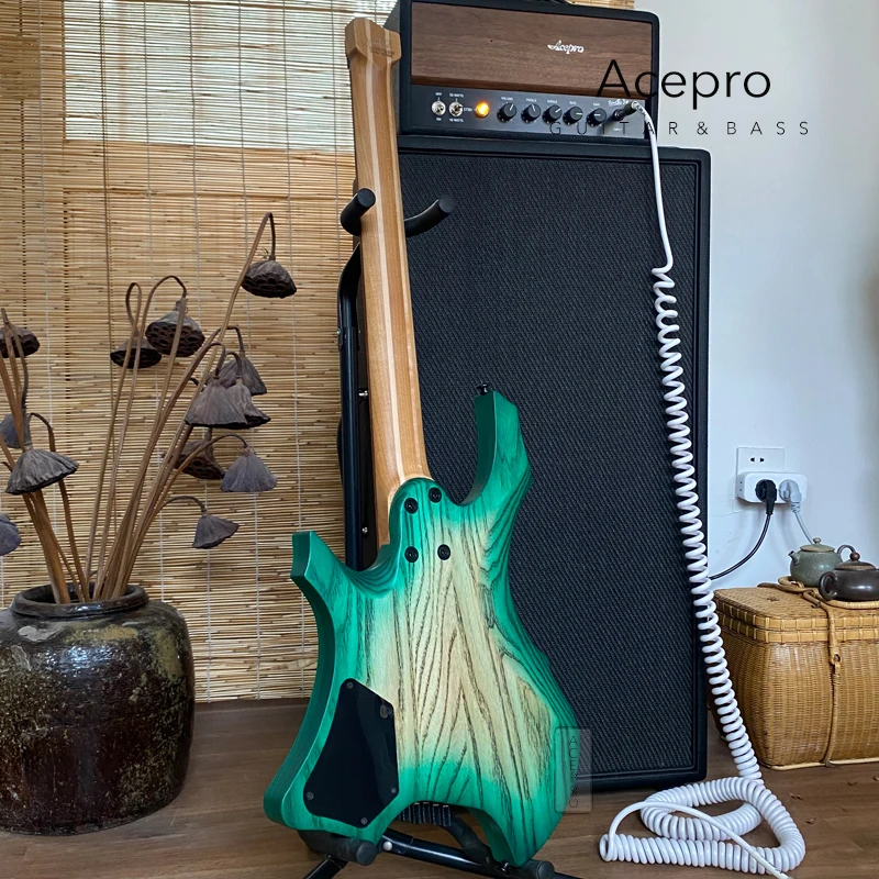 Pro Headless Electric Guitar, Green Burst Ash Body, Jumbo Stainless Steel Oblique Frets, Roasted Maple Neck, Color Customizable