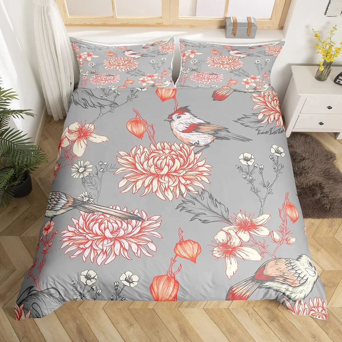 

Chrysanthemum Floral Duvet Cover Set Botanical Flowers Bedding Set Microfiber Birds Plants Quilt Cover King Queen For Girl Women