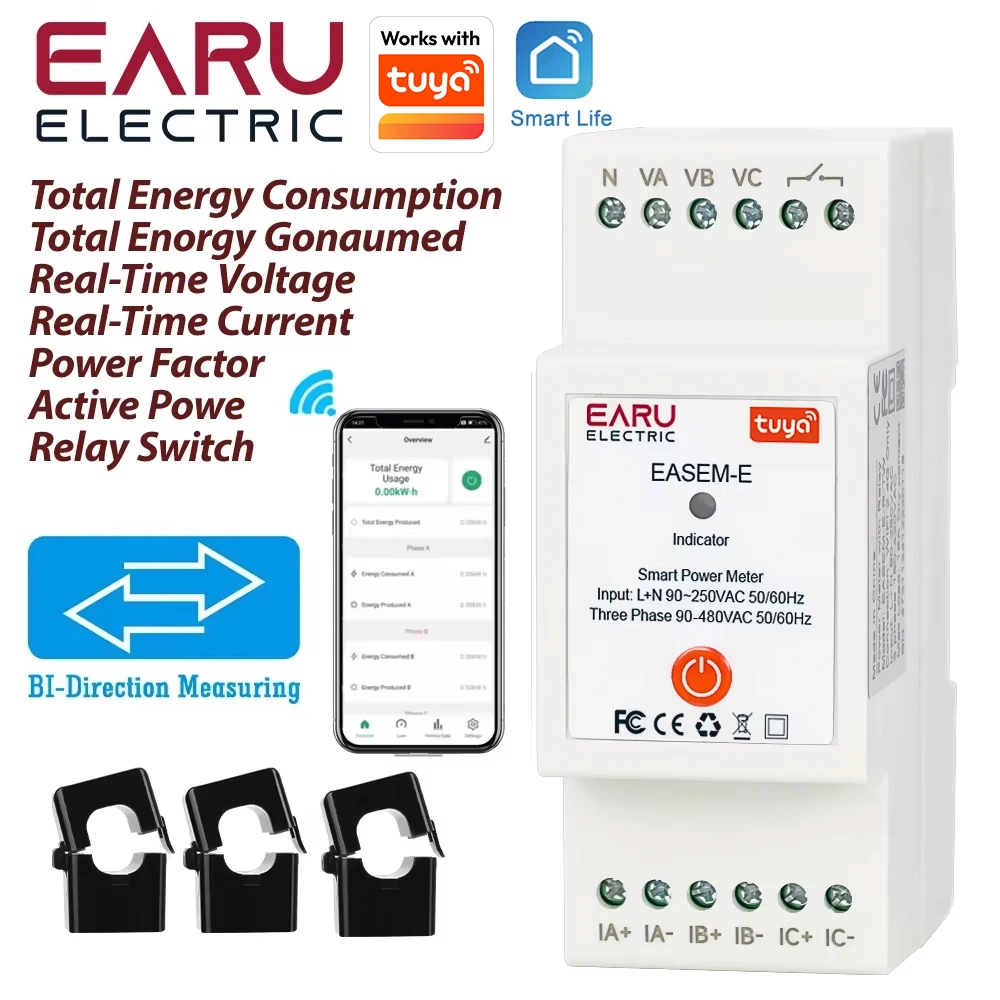 EARU Single Three Phase Tuya WiFi ZigBee Smart Bidirectional Monitor Current Voltage kWh PV Solar Power Energy Meter 3 CT Clamps