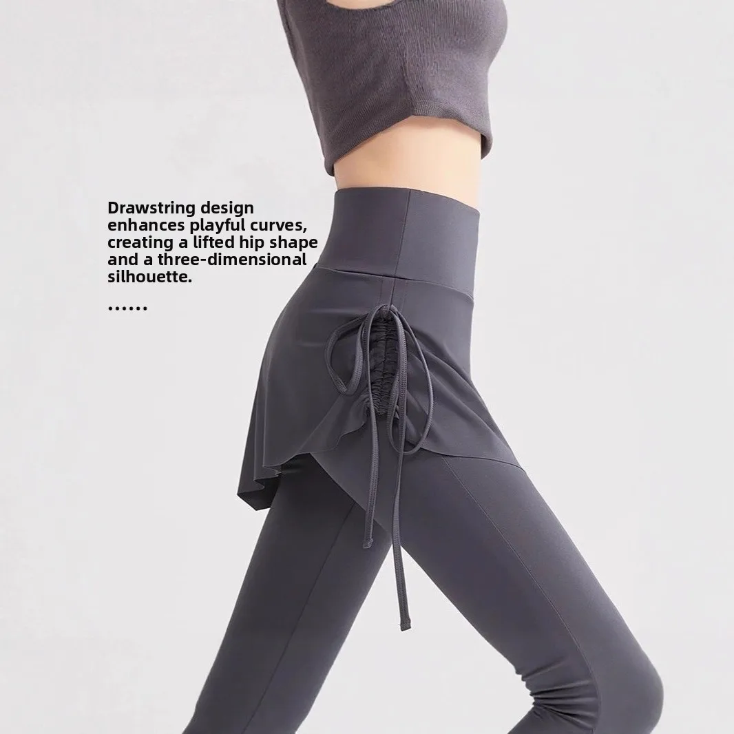 여성용 하이웨이스트 페이크 투피스 피트니스 팬츠 2025 신상 슬림 요가 바지 힙 커버 슬림핏 벨보트 캐주얼 팬츠