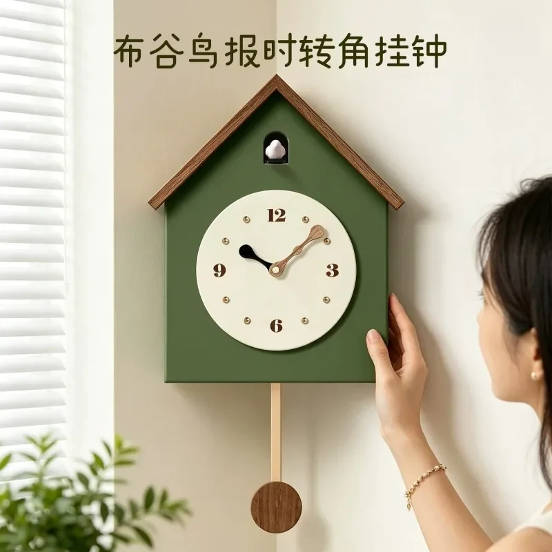 Wooden Wall Clock Living Room Induction Time Aesthetic Cuckoo Pendulum Clock Creative Retro Corner Wall Clocks Interior Ornament