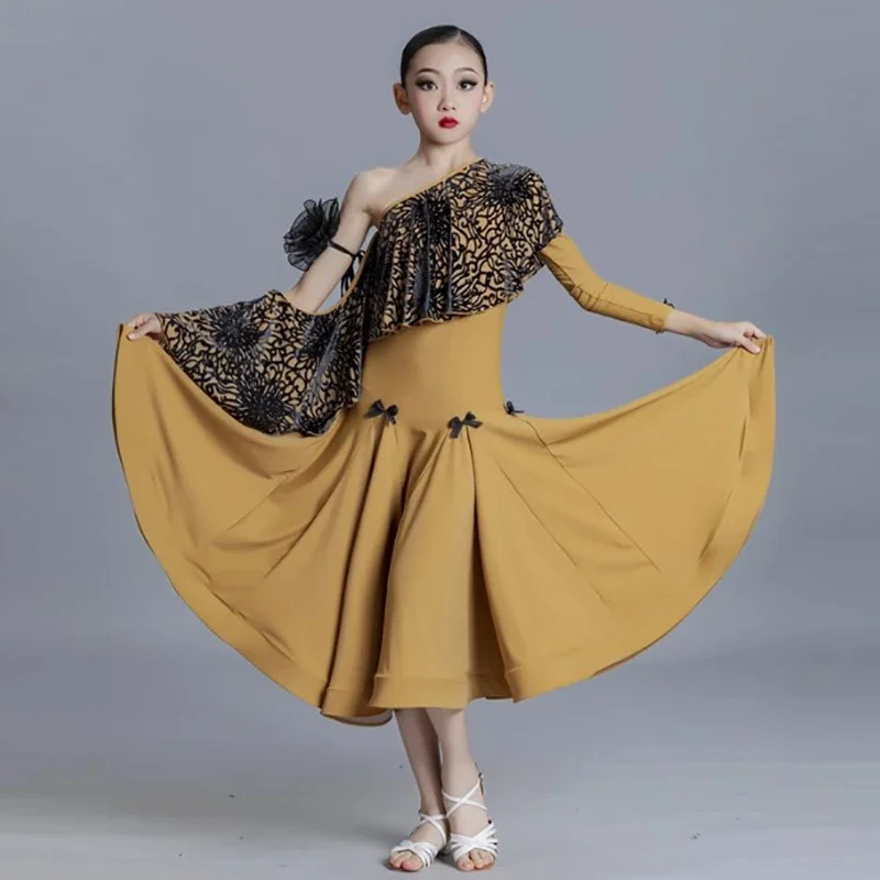 Kaffee-Druck, Ausschnitt, eine Schulter, für Mädchen, moderne Tanzbekleidung, Walzer, Gesellschaftstanz, Swing-Rock, Eiskunstlauf-Kleider, Ballsaal-Kostüme