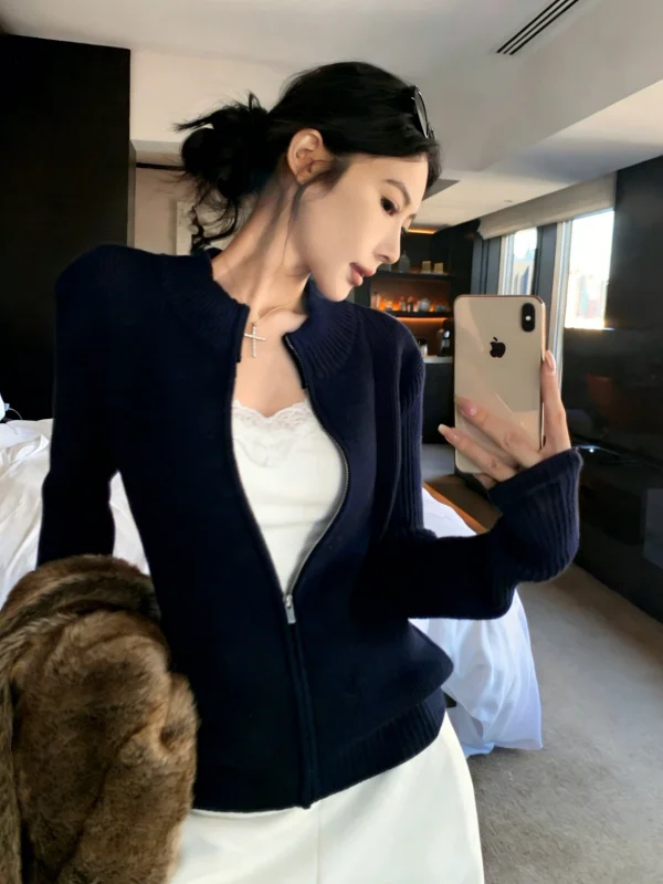 

American Style Zipper Knitted Open Cardigan Women's Slim Fit Long Sleeve Stand Collar Sweater Outerwear for Spring Autumn