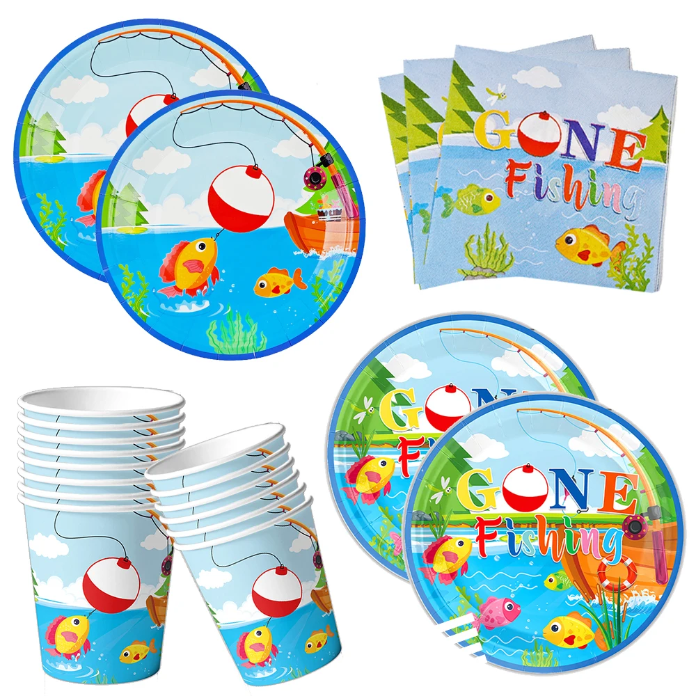 Gone Fishing Tableware Disposable Paper Plates Cups Napkins Banner Kids Little Fisherman Themed Birthday Party Decors supplies