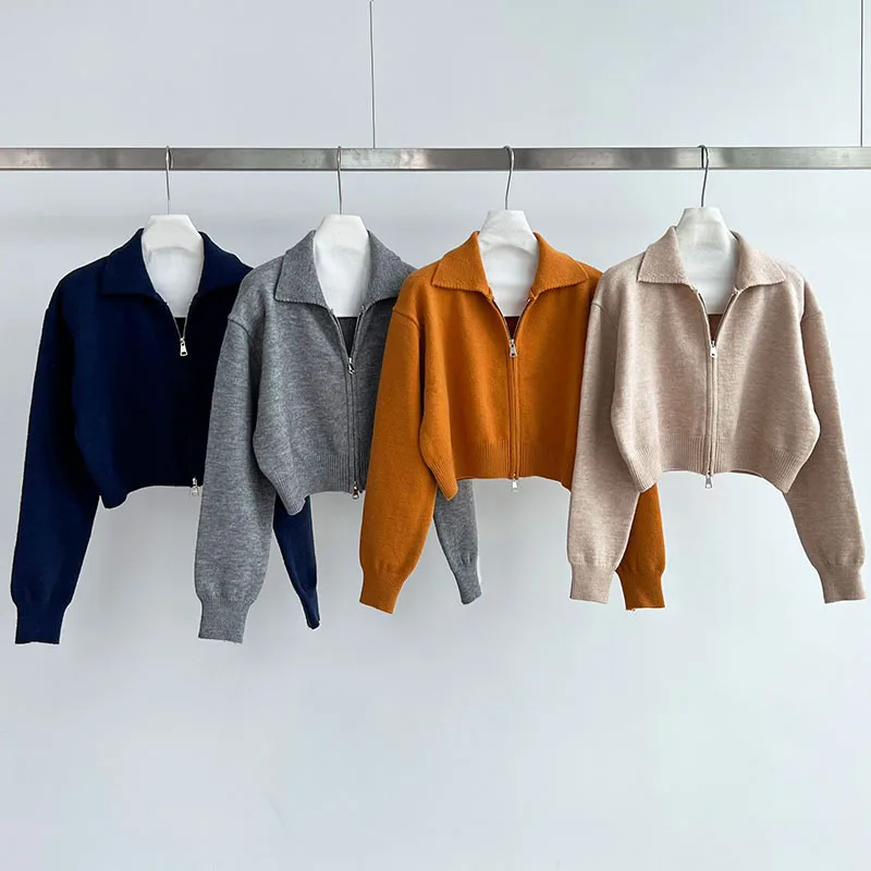 

crop Double-Zip Sweater Cardigan For Women Autumn Knitted Polo's Collar Top