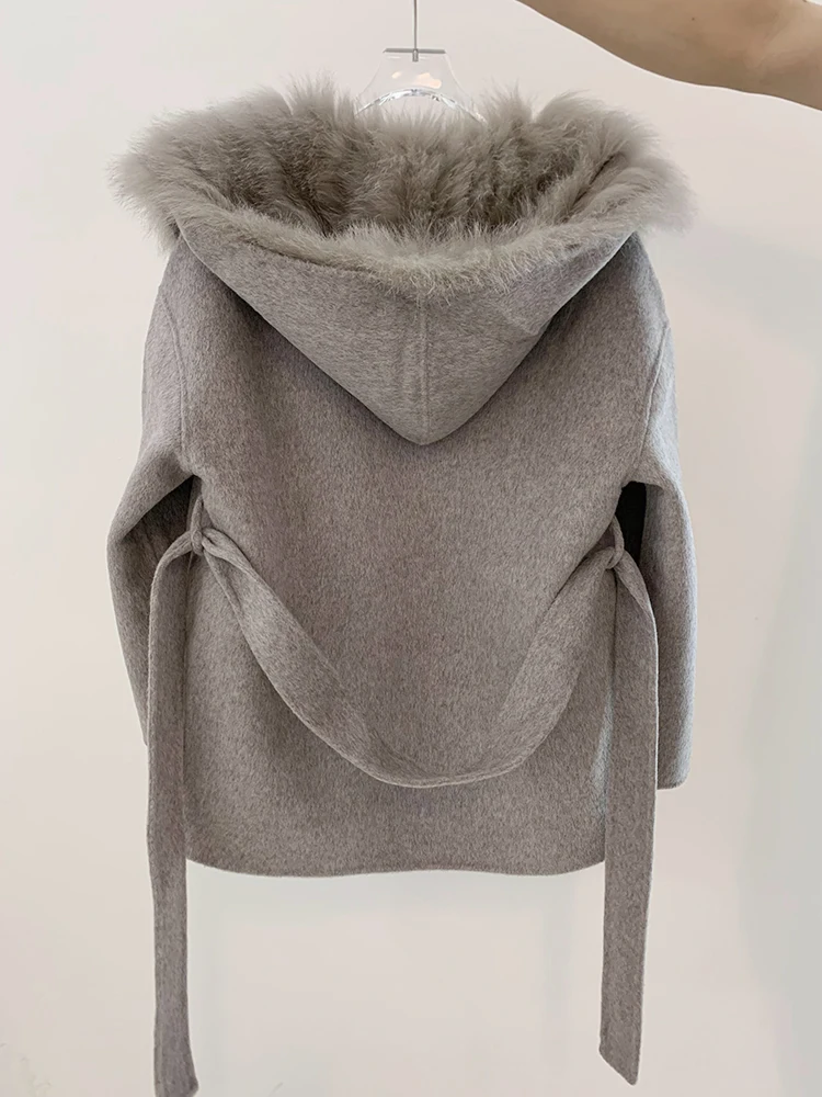 2023 Women Winter Natural Fur Coat With Real Fox Fur Belt Slim Vest Outwear Hooded Wool Cashmere Outwear Female Coat Full Sleeve