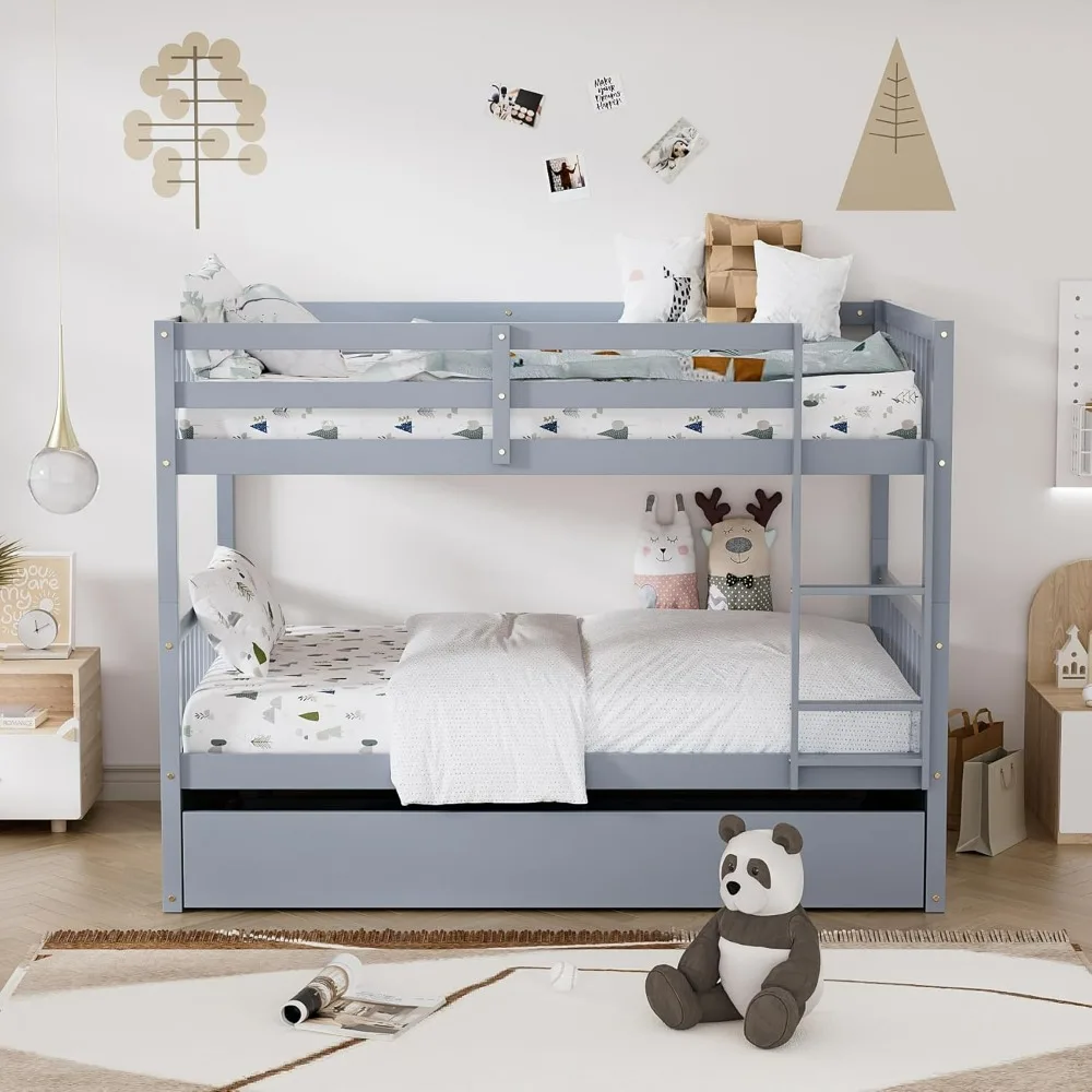 Full Over Full Bunk Bed with Trundle, Wood Convertible Bunk Beds for Kids, Bunkbed Frame with Safety Rails and Ladders, Bunk Bed