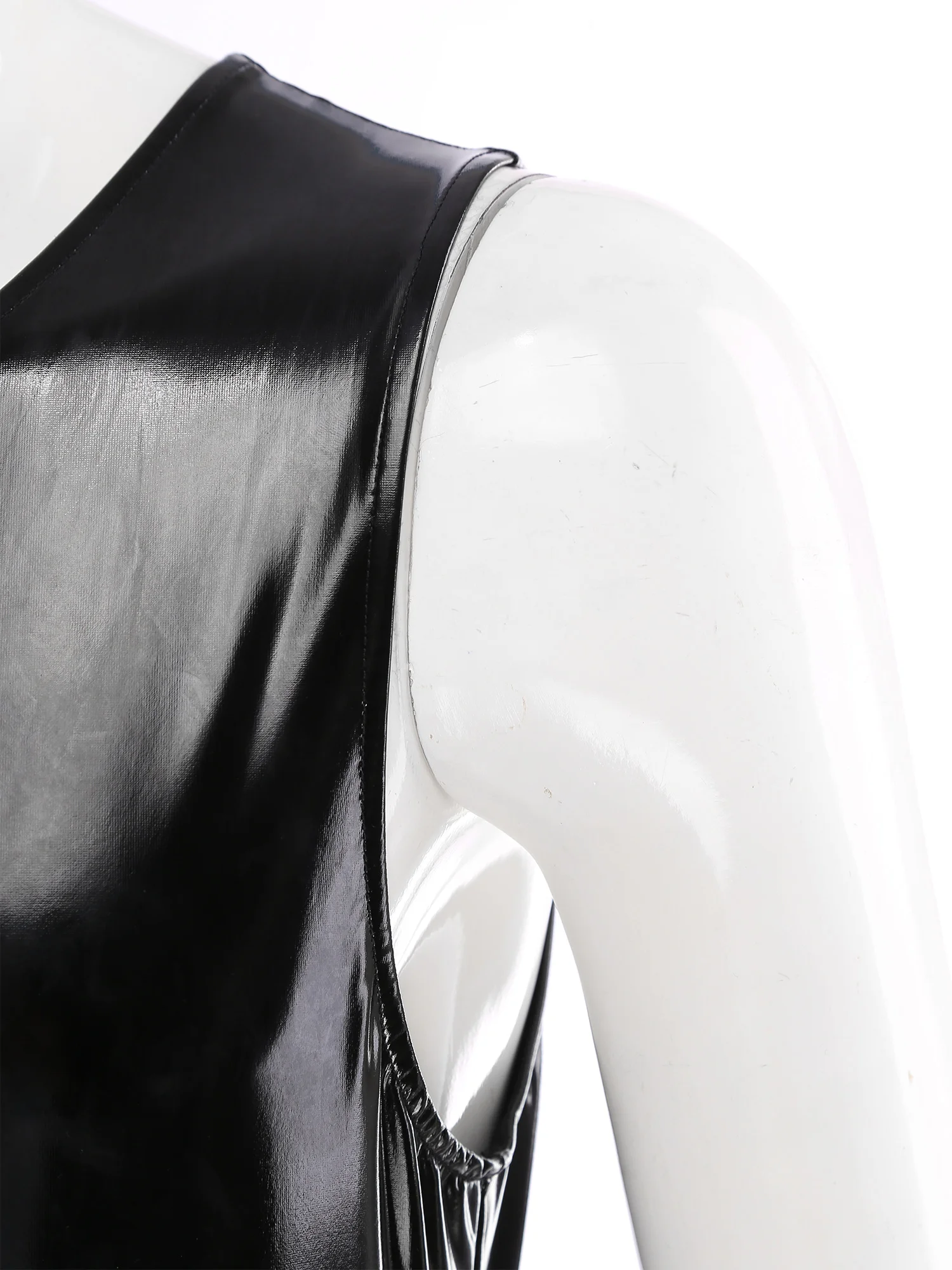 Mens Lingerie Zipper Patent Leather Bodysuit Glossy Round Neck Sleeveless Jumpsuits Black Clubwear for Pole Dancing Rave Party