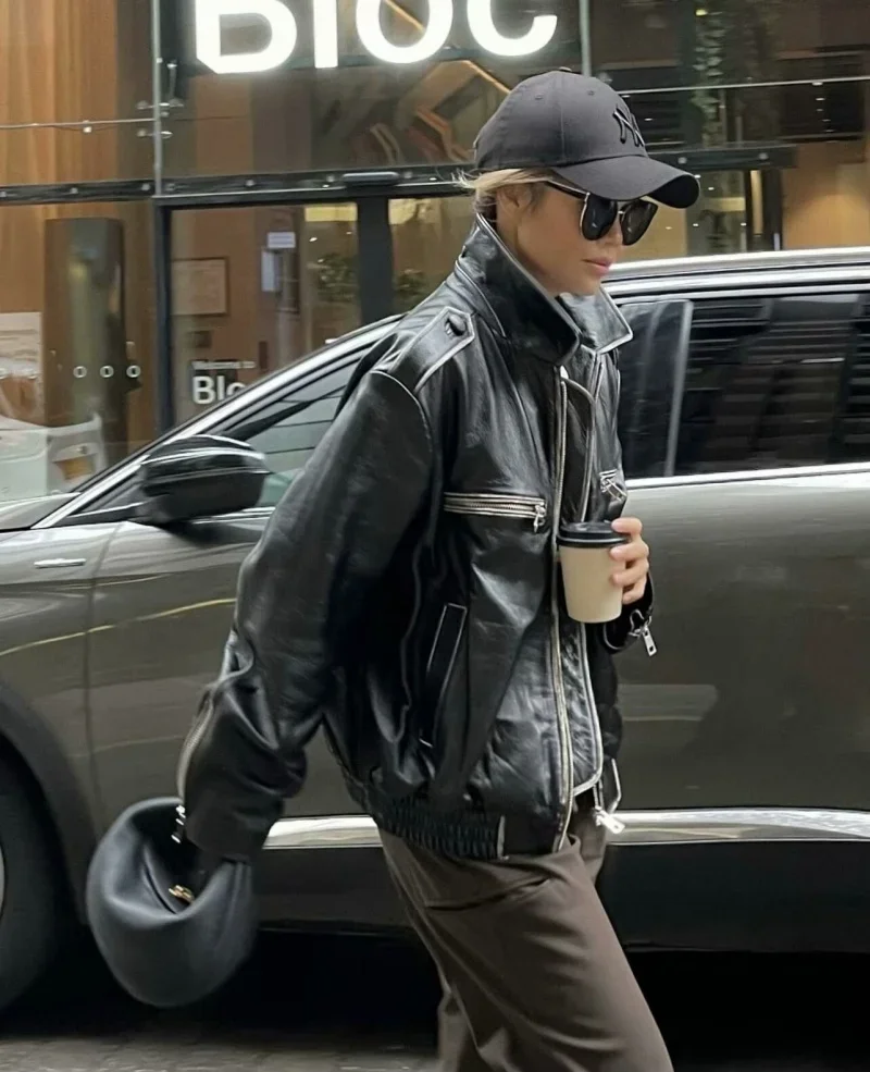 Pop ผู้หญิงเสื้อหนัง Faux ฤดูใบไม้ร่วง-ฤดูหนาว Vintage Rub Epaulette ซิปตกแต่งแจ็คเก็ตหนังหนา