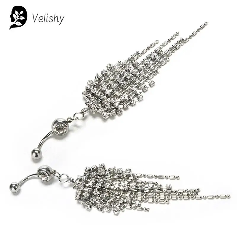 1Pc Surgical Steel Crystal Rhinestone Dangle Belly Button Ring Fashion Body Jewelry Clear Gem Tassel Navel Piercing 316L