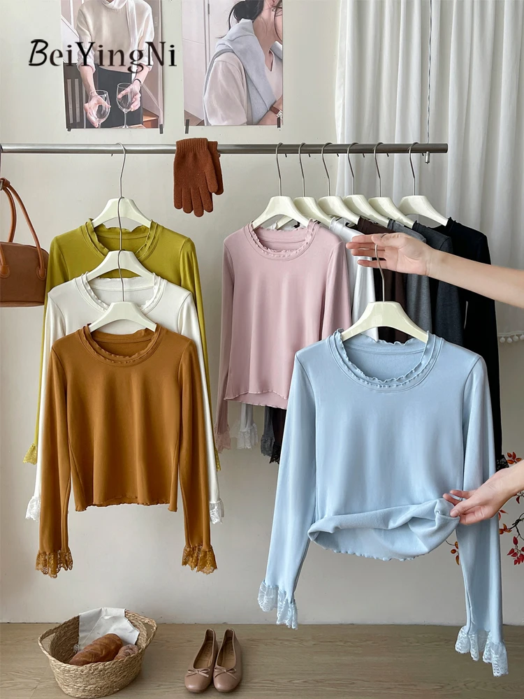 Beiyingni موضة جديدة تي شيرت الإناث الفرنسية الصالحة للأكل شجرة الفطريات الدانتيل تقسم سليم القمم المرأة الأساسية عادية كم طويل تي شيرت #5