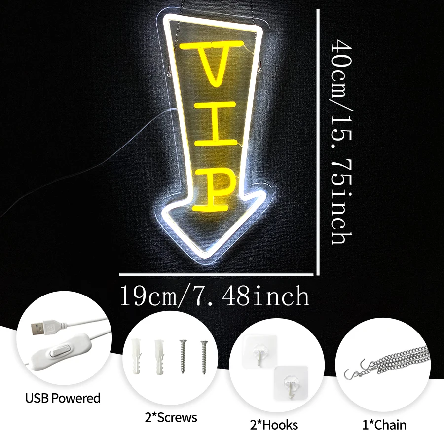 VIP Arrow Neon Sign USB Powered White Yellow LED Wall Decor for Bar Night Club Hotel Beauty Salon Shop Business Guide Decor Gift