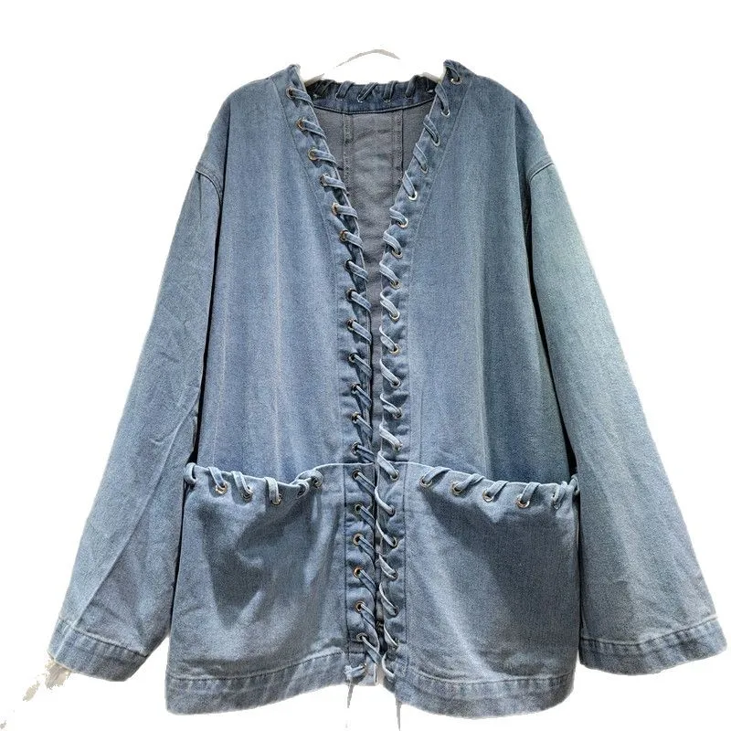 

Chic Woman V-neck Large Double Pockets Workwear Denim Jacket Casual Retro Long Sleeved Lace Up Jeans Coat Cowboy Cardigan Tops