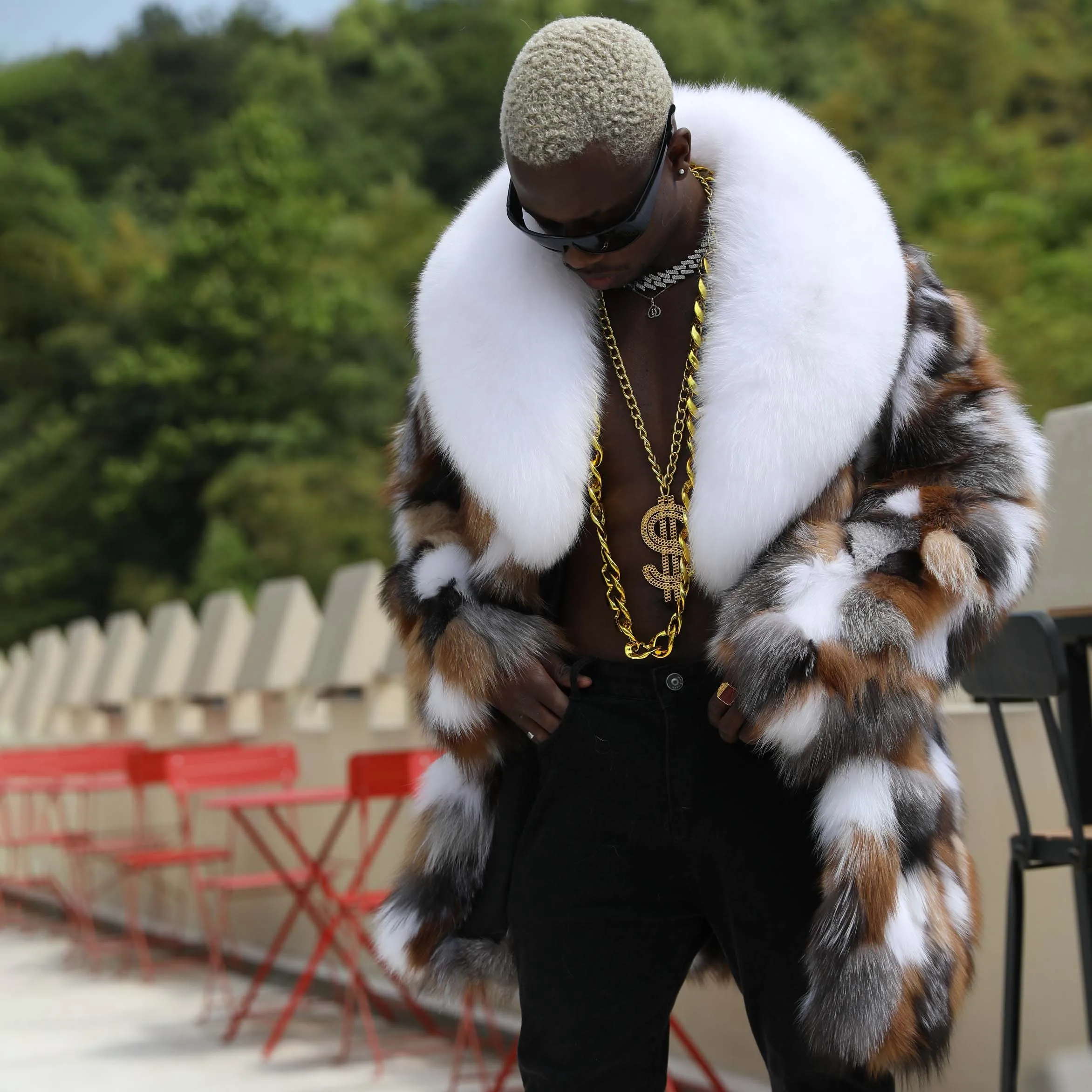 Custom Design Men Big Shawl Collar Patch Work Real Fox Fur Jacket