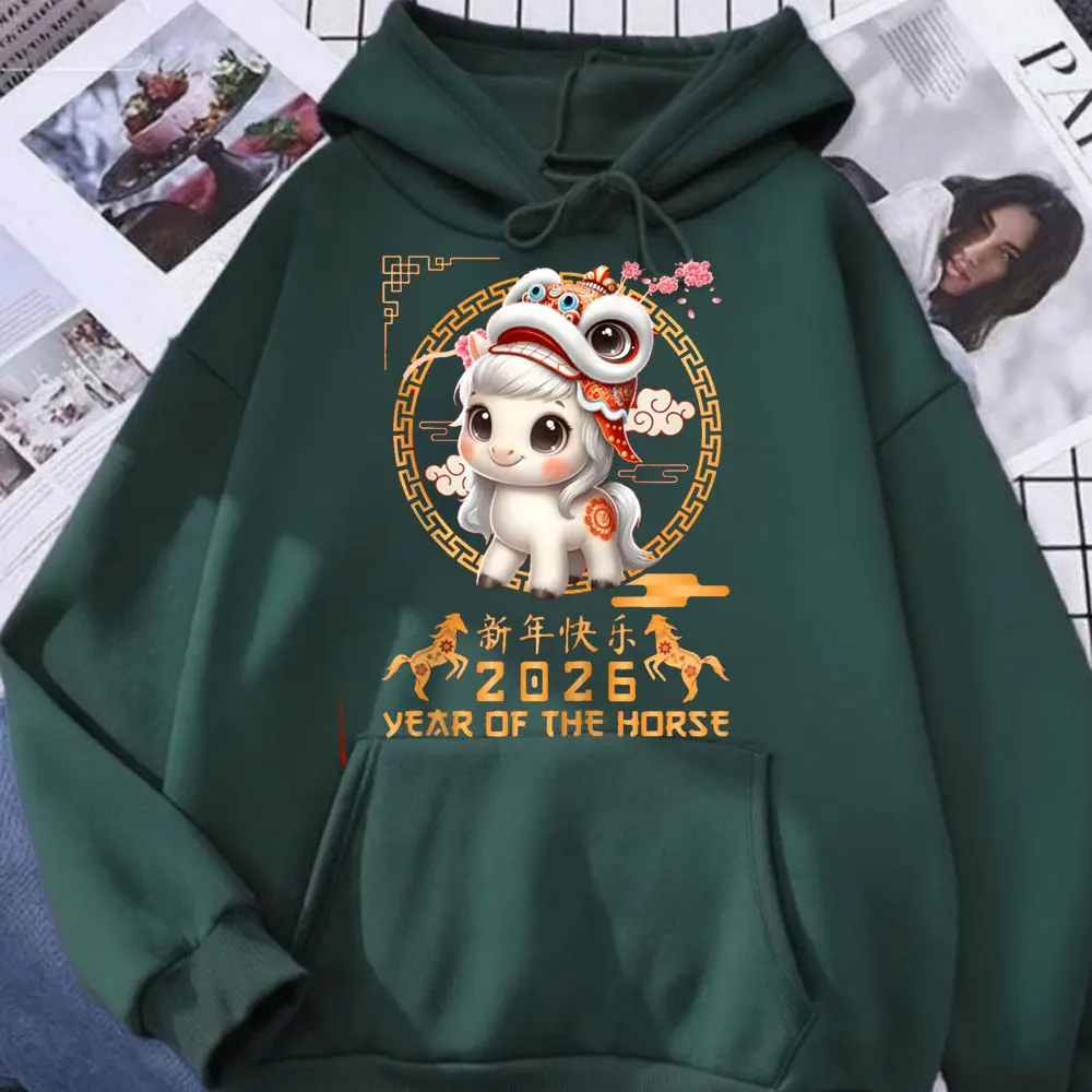 Jahr des Pferdes 2026 Chinesisches Mondneujahr 2026 Damen Hoodie Familie Party Pullover Niedliche Tiere Bedruckte Hoody Tops