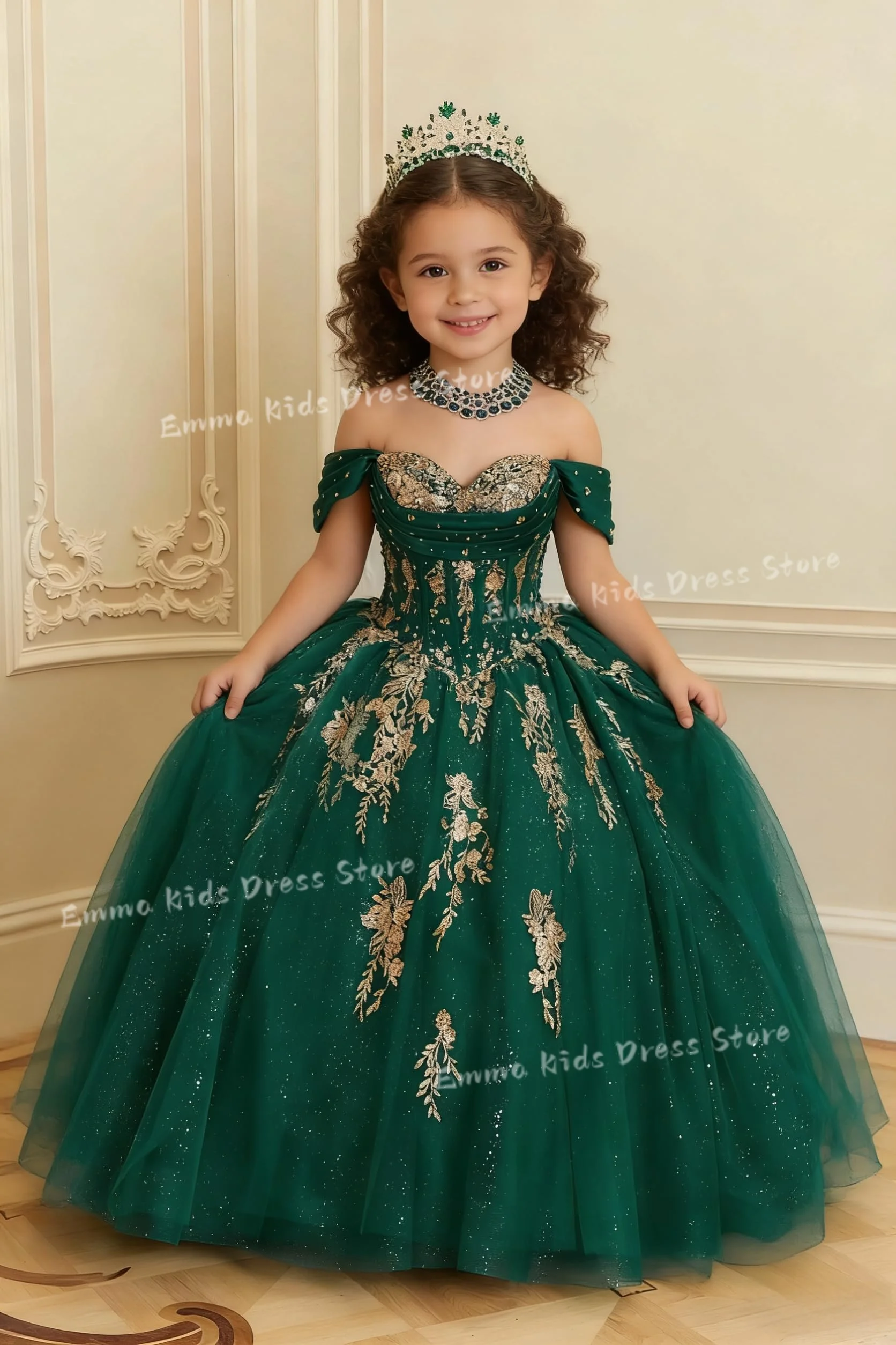 Off-Shoulder Gold Applique Flower Girl Dress with Bows and Beads
