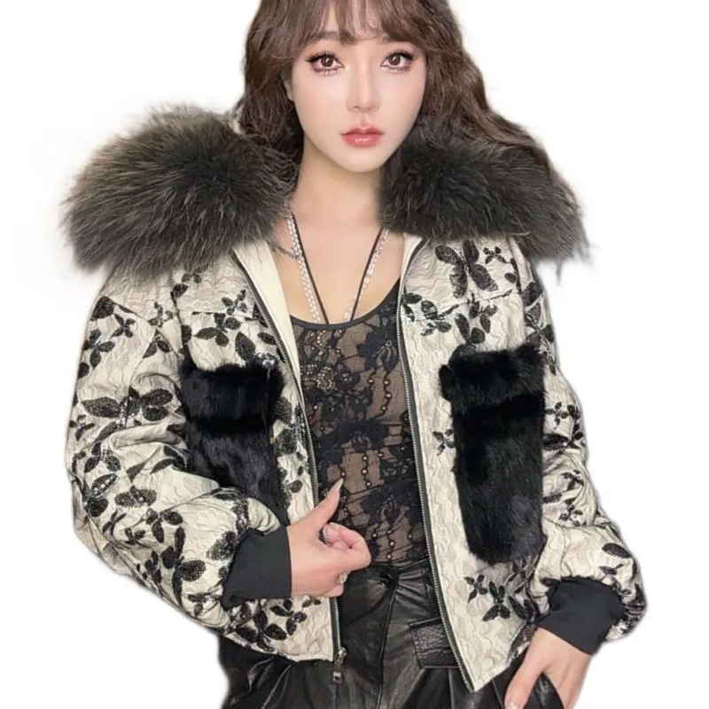 Trendy Thick Warm Raccoon Fur Collar Leather Jacket Fashionable High-end Lace Sequin Print Mink Fur Jacket Temperament Commuting