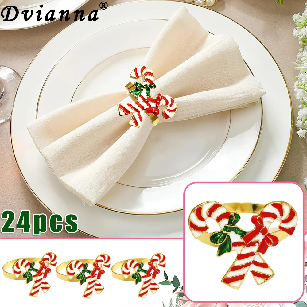 24Pcs Christmas Table Decorations Metal Candy Cane Napkin Rings Holder for Xmas Home Christmas Wedding Party Table Decoration