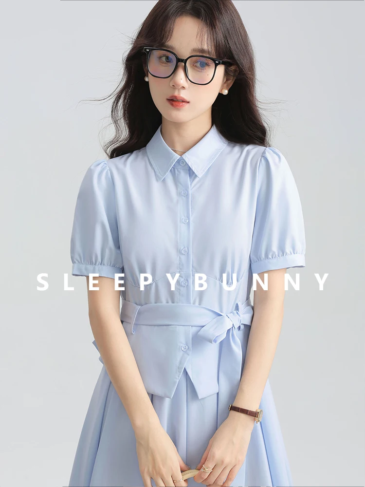 

Elegant Belted Shirt Dress Women Summer Korean Style Waist Slim Fit A-Line Dress Cute College Look Petite Outfit with Bow Tie