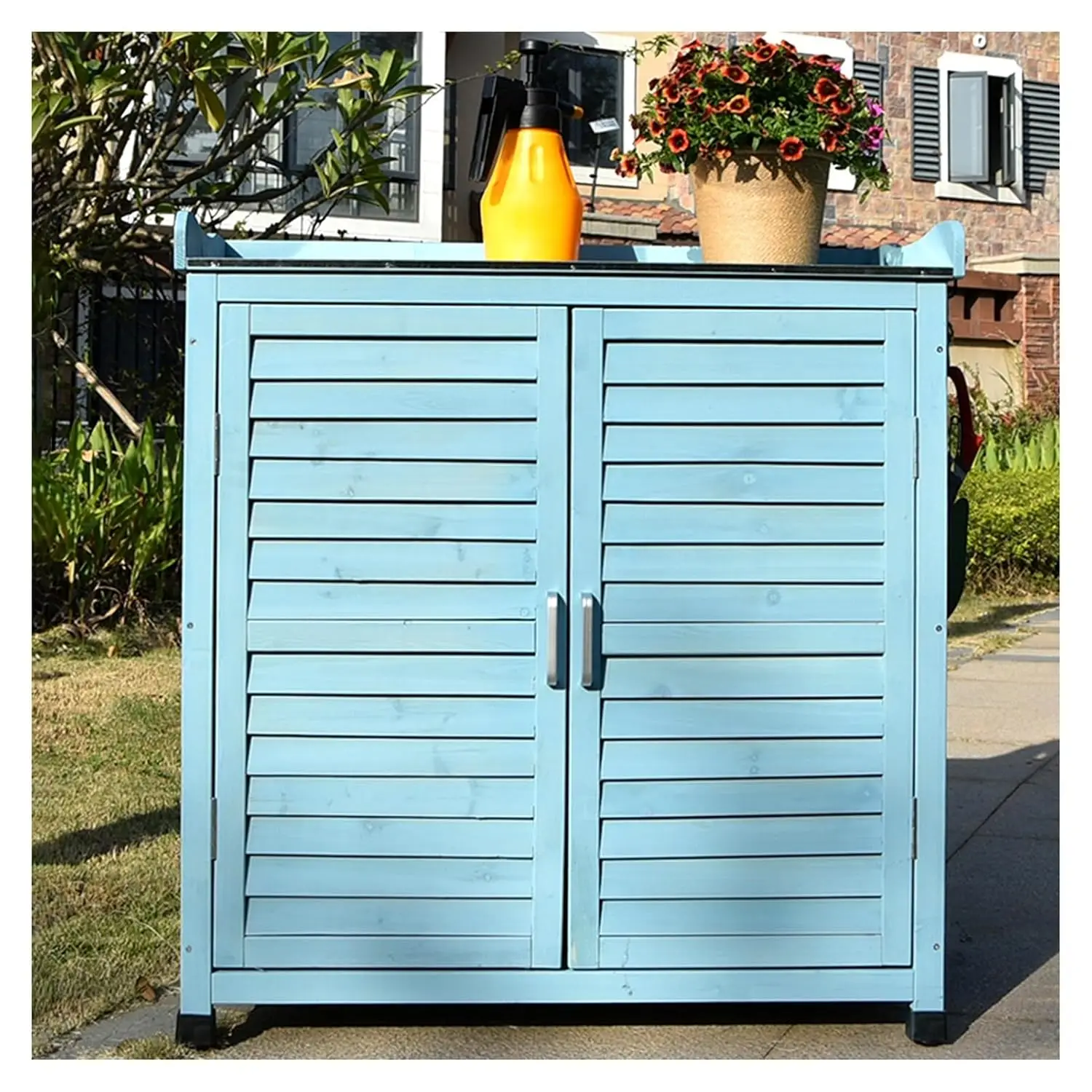 

Мебель Водонепроницаемый навес для инструментов Открытый сад Патио Шкаф для хранения с скамейками для горшков Стол для рабочей станции на открытом воздухе (цвет: Blu)