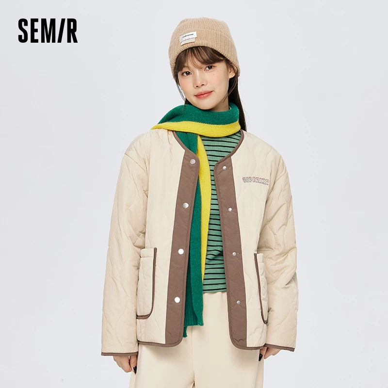 

Semir Cotton Coat Women Thin Medium-Long Style Embroidered Personalized Splicing 2023 Winter Shirt Jacket