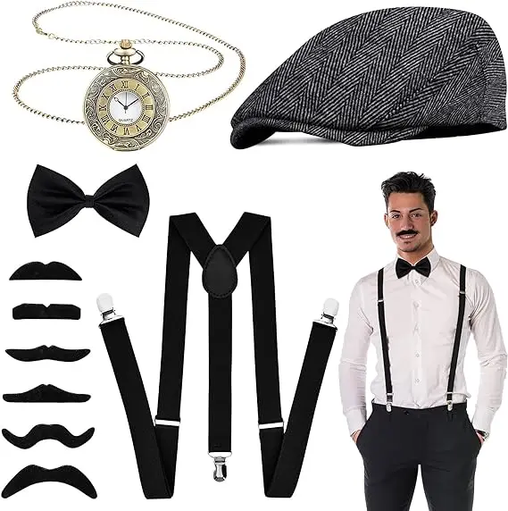 1920s Mens Costume Gangster Roaring Accessories for Men Women Adult Gatsby Cosplay Halloween Purim Party Fancy Dress Up Suit