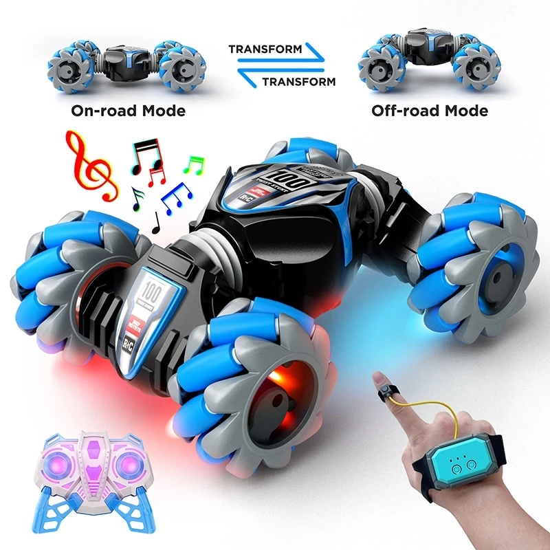 Latest 4WD remote control stunt car 2.4G wireless RC drift car LED lights watch gesture sensor rotating children's toy gift
