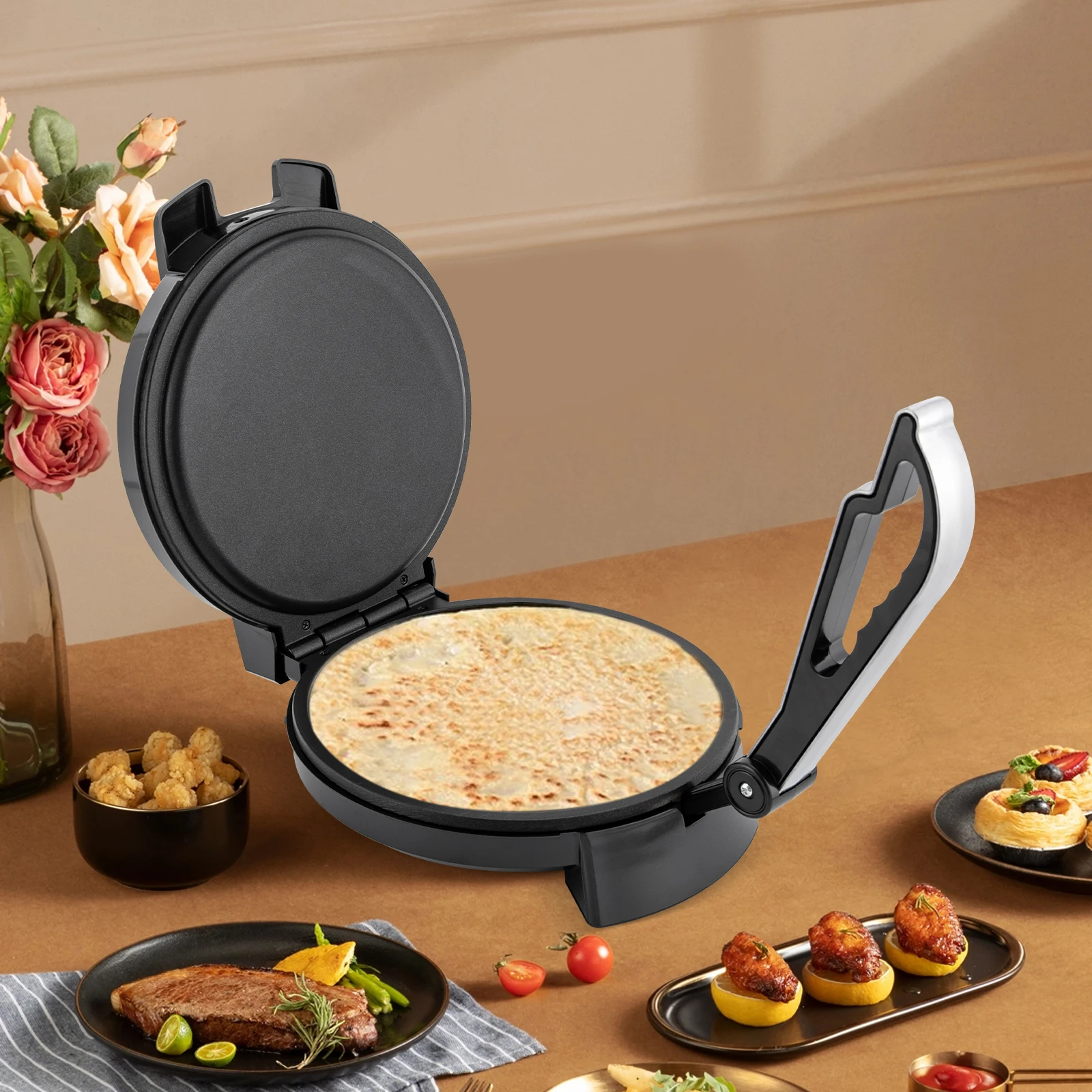 1200W Electric Chapati Maker Flat Bread Naan Tortilla Fulka Roti Press Machine Non Stick Coating 200-260°C Temperature