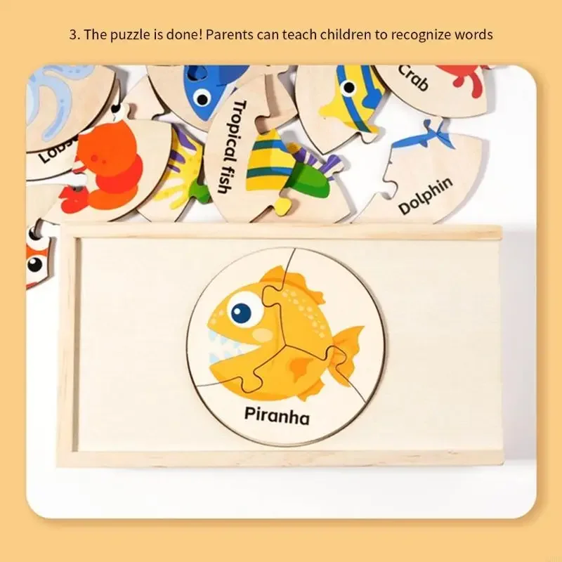 مجموعة ألغاز على شكل حيوانات بحرية خشبية آمنة للأطفال مع صندوق تخزين سهل لعبة مطابقة الشكل المعرفي مناسبة للسفر 15UB