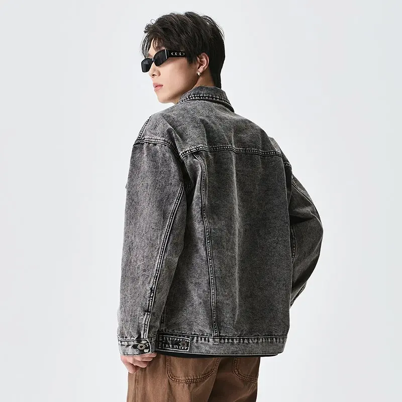 Verwaschene Schwarze Acid-Wash Denim Trucker Jacke für Herren Vintage Ausgewaschener Jeans-Mantel Übergroße Urban Streetwear Oberbekleidung Denim-Top Hip Hop – Detail 3