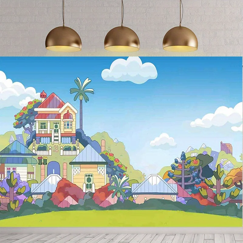 2D-Flachbanner 1PC Cartoon-Hunde-Heimhintergrund, blauer Himmel und Wolkenhaus, Grasland-Fotografie-Hintergrund, Geburtstagsfeier