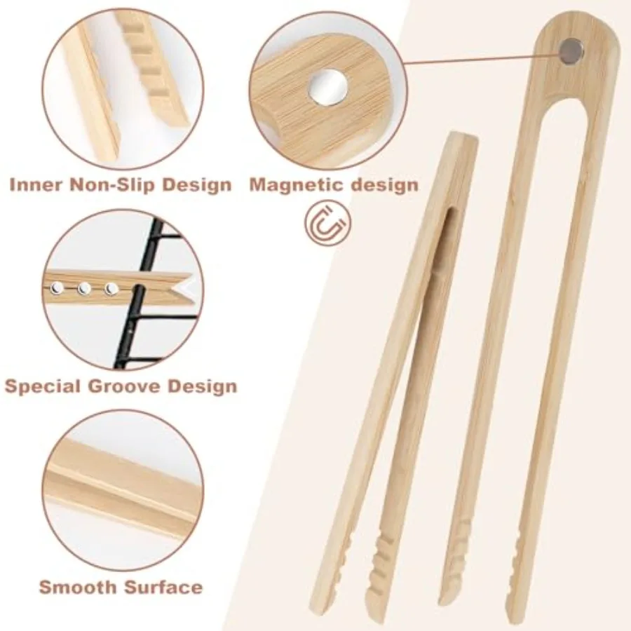 ملقط من الخيزران وملقط توست للطهي 8.6 بوصة مغناطيسية + 7.1 بوصة أواني صغيرة مضادة للانزلاق من الخيزران الفاخر لخبز لحم الخنزير المقدد سالا