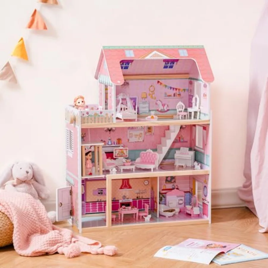 Wooden dollhouse playset for 3+ year olds, pine wood construction, pink finish, includes 24-piece furniture set compatible with