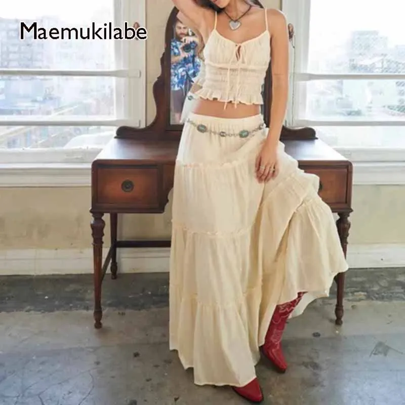 Maemukilabe Vintage Tie-Up anteriore volant Trim increspato Crop Camis top + Ruffles a-line Maxi gonne fata 2 pezzi Set abiti donna