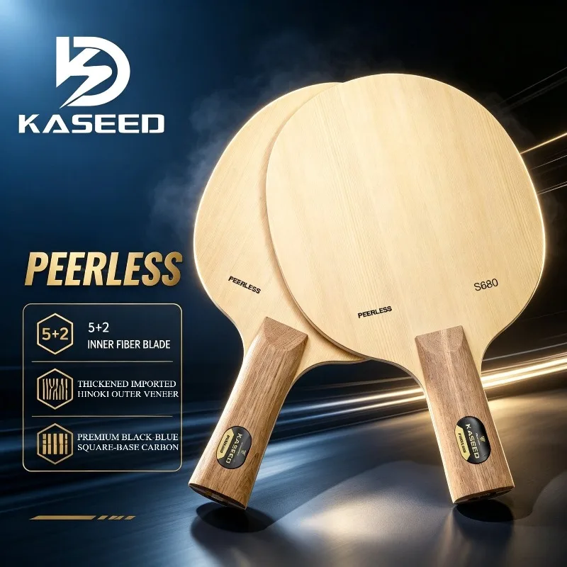 KASEED PEERLESS S680 7‑Ply Table Tennis Blade Premium Black‑Blue Square‑Base Carbon Hinoki Surface Professional PingPong Paddle