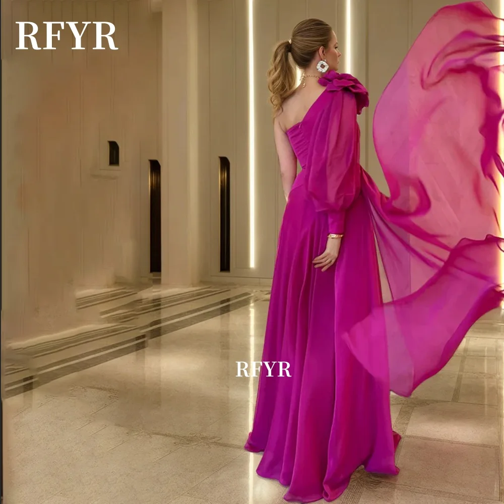 

RFYR A Line Party Dress One Shoulder Evening Dress Flowers Chiffon Prom Dress with Pleats فستان سهرة Customized
