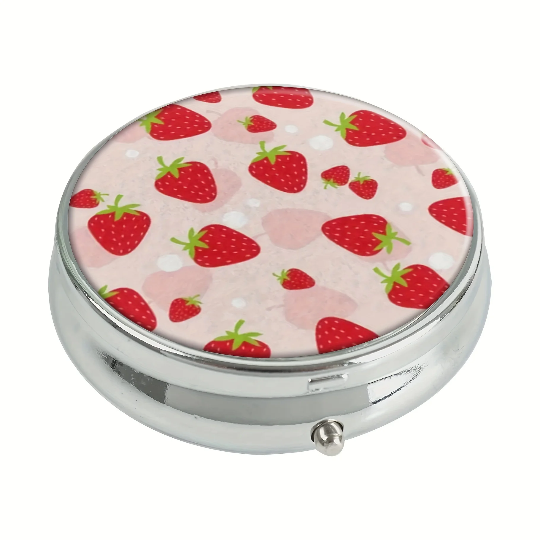 Pink Strawberry Round Pill Box,Household Portable Medicine Storage Box,3-grid Sub-packaging Medicine Box,For Outdoor Travel