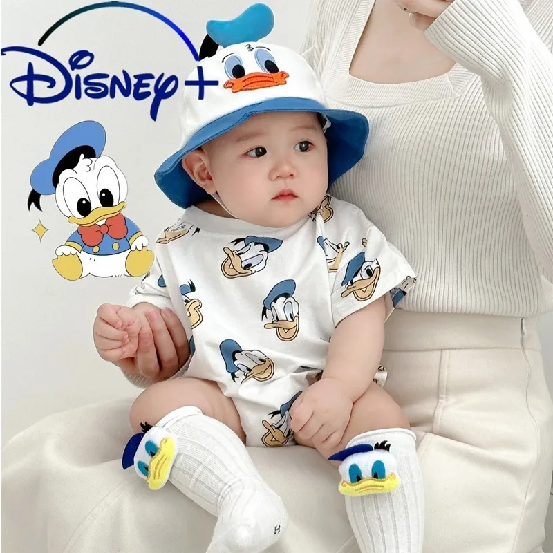 

Disney Cartoon Donald Duck Short Sleeve Triangle Wrap Fart Clothes Daisy Duck Baby Hat Socks Cotton Soft Outing Clothing Suit