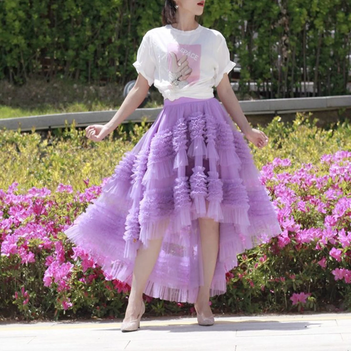 

Spring Summer High Low Skirt Women'S Lavender High Waist Long Mesh Puffy Skirt Double Layer Cake Style Fairy Tale Skirts