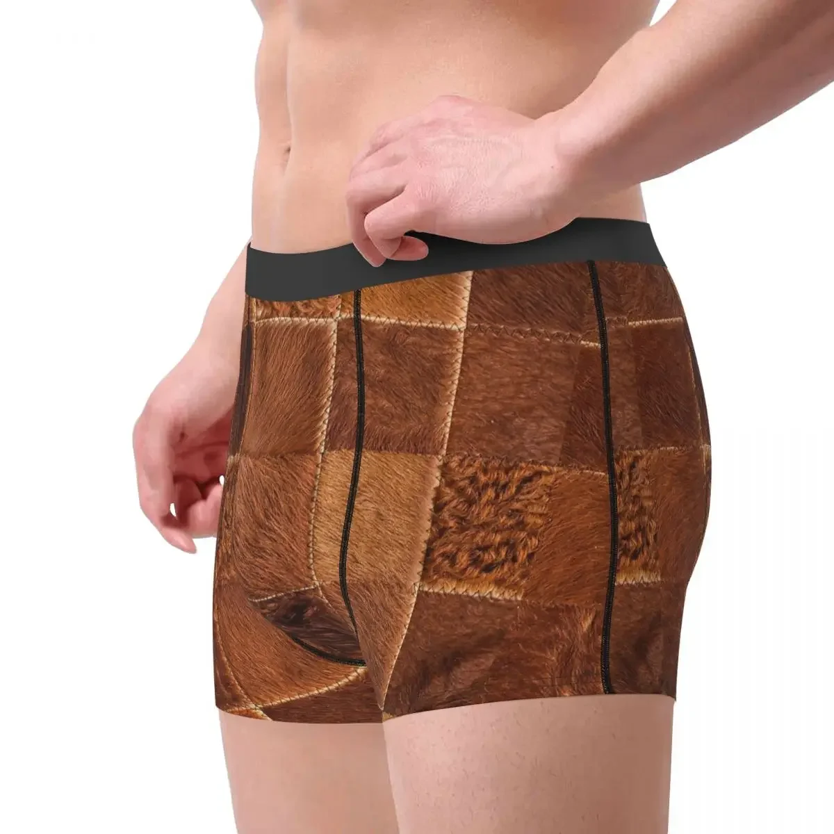 Man Boxer Briefs Shorts Panties Brown Checkered Cowhide Patches Polyester Underwear Homme Printed Plus Size Underpants