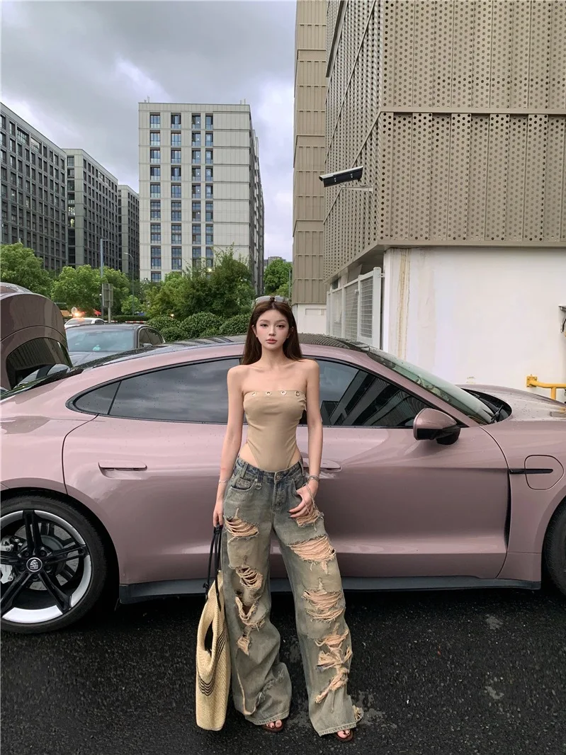 

American Style Spicy Girl Hollow out Crop Top And Wide Leg Jeans Set Women Summer Loose Slimming Fashion Outfit Two Piece Set